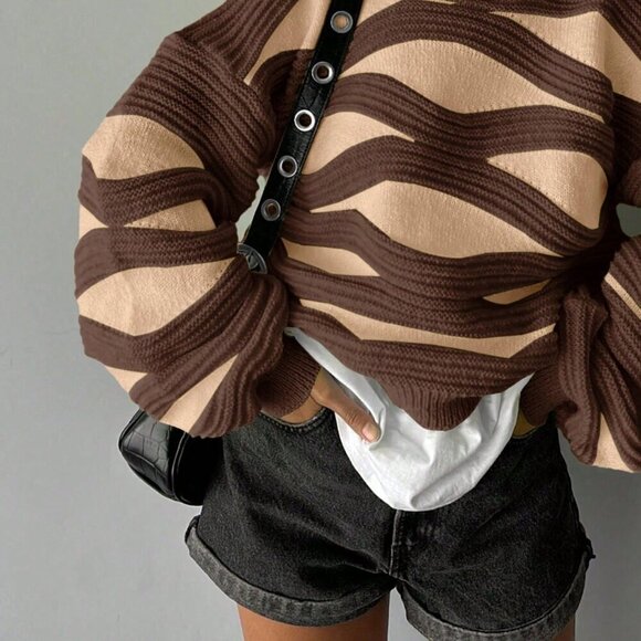 Sweaters - Khaki & Browm Casual Women's Round Neck Wave Stripe Long-Sleeved Knit Sweater